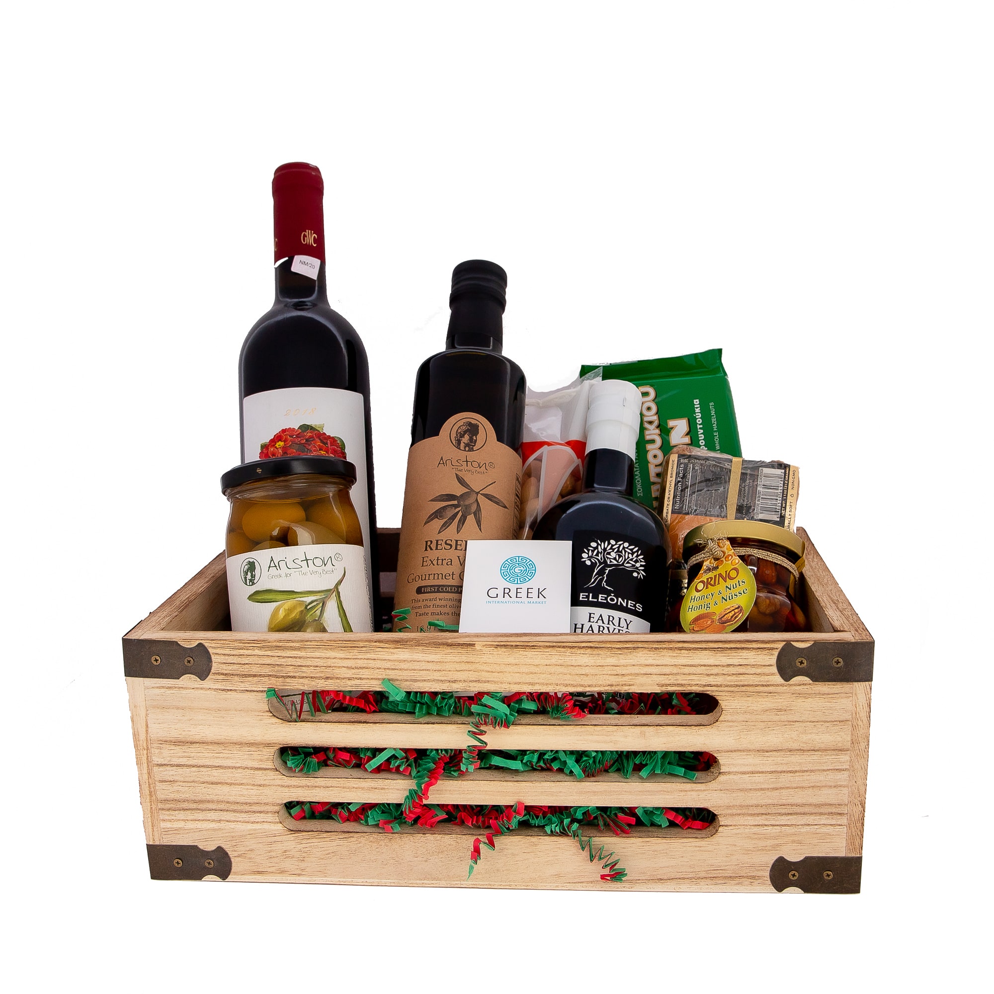 Custom wooden baskets with variety of food and dressings